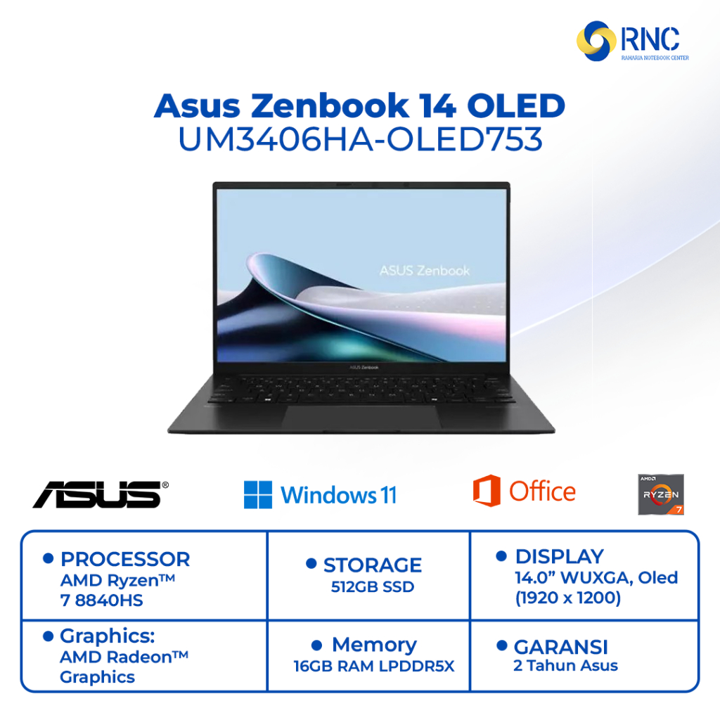 ASUS ZENBOOK 14 OLED | UM3406HA-OLED753 | AMD RYZEN 7-8840H/16GB/512GB 14INCH OLED WINDOWS 11
