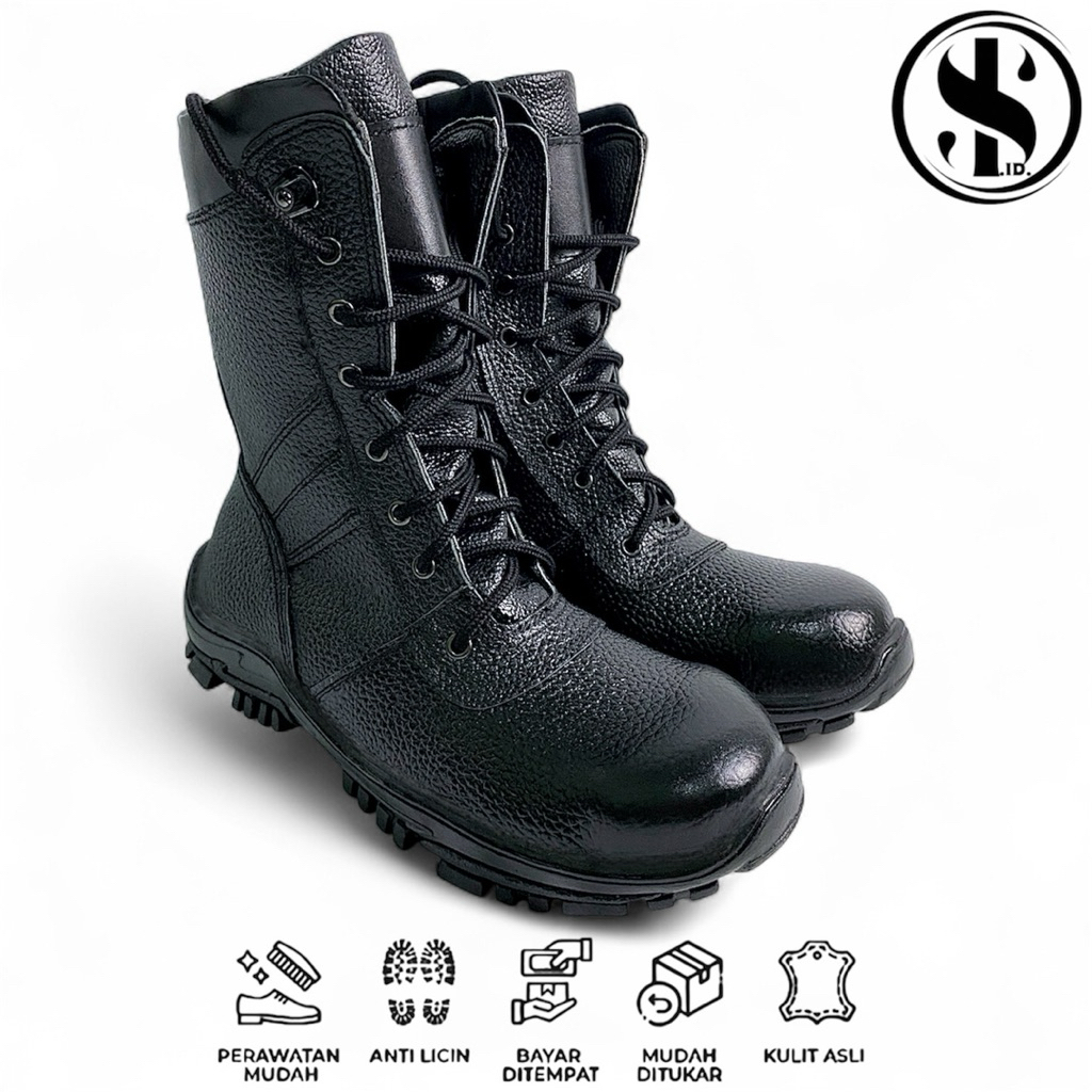 Sepatu Boot PDL King Steel Hitam Kulit Sepatu Boot Resleting dan Tali Ujung Besi Sol Dijahit Melingk