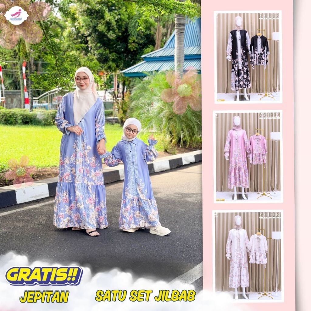 Baju Sarimbit Ibu Anak Zaheera Terbaru | Gamis Muslim Couple Mom Kid Motif Bunga untuk Lebaran 2026
