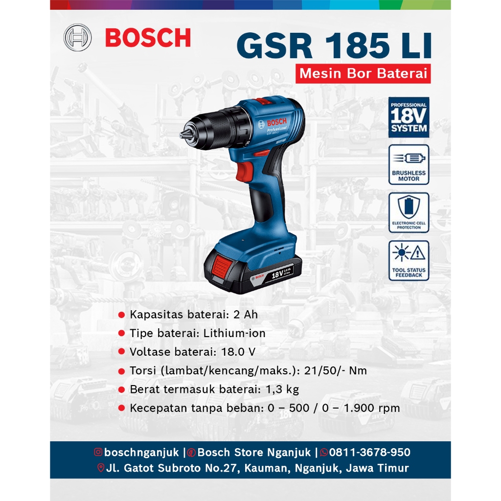 Bosch GSR 185-LI Professional – Bor Baterai Cordless Drill Brushless 18V, Original Bosch