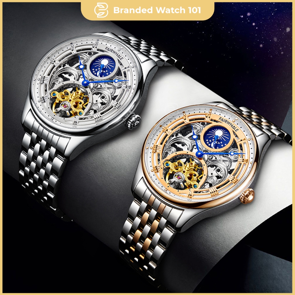 ORIGINAL Jam Tangan Pria Mark Fairwhale 6100 Moon Phase Automatic Movement Jam Matic Pria Stainless