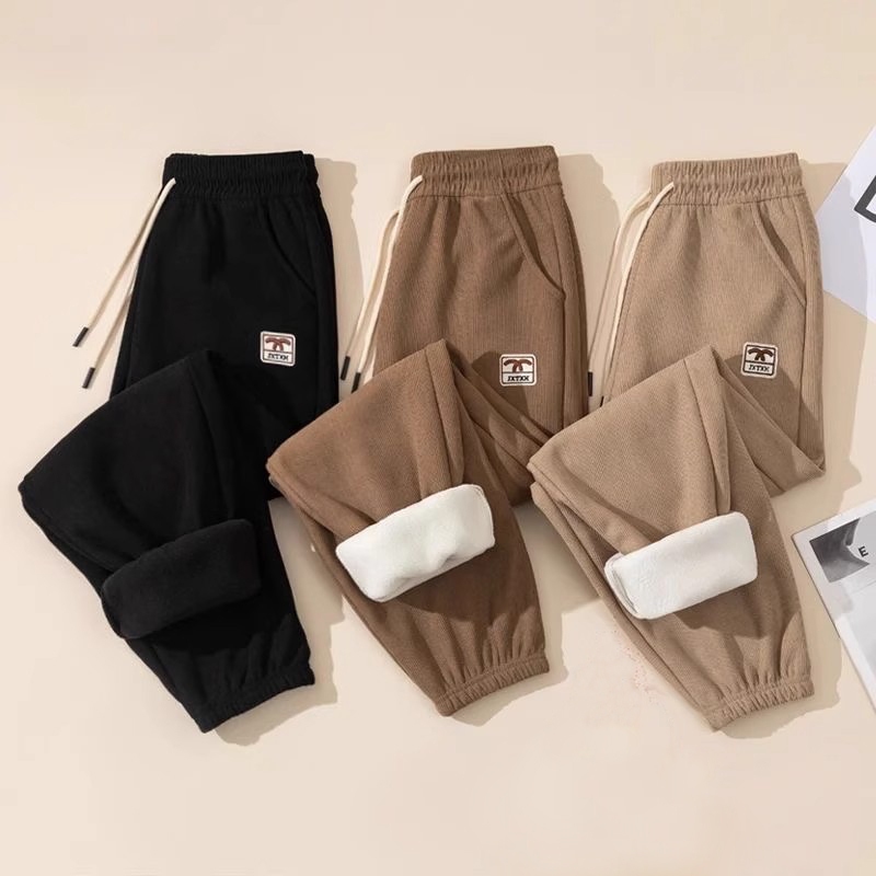 Celana Panjang Wanita Tebal Musim Dingin Korea High Waist Fleece Hangat Celana Santai Harian Trendy