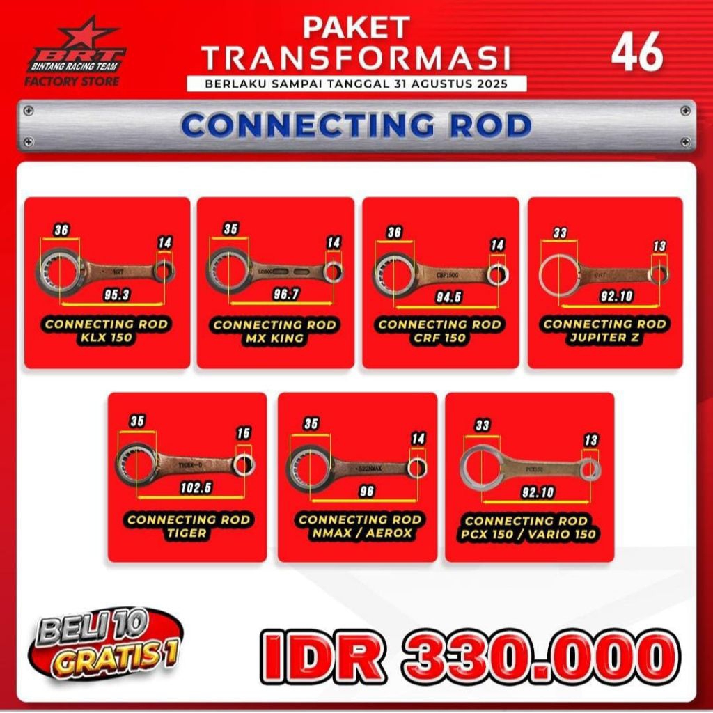 CONNECTING ROD/STANG SEHER KHUSUS UKURAN BANDUL/KRUK AS BRT 100% ORIGINAL BRT
