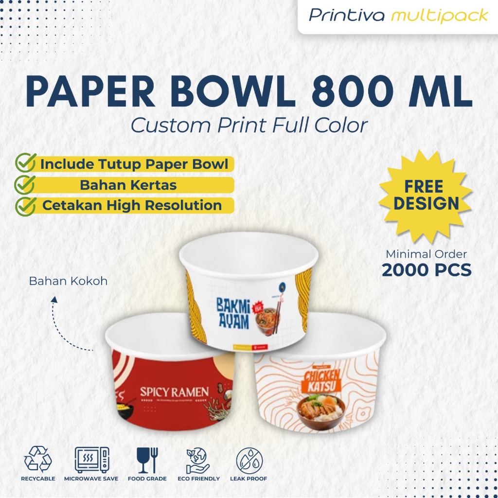 Paper Bowl Custom Cetak /Mangkok kertas 800ml + Tutup