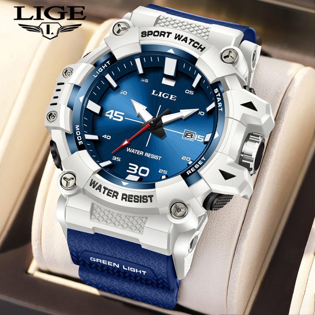 LIGE  Asli  Jam tangan Pria Tahan air  Olahraga  Bercahaya Silikon  Jam tangan