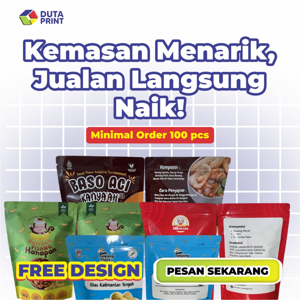 Kemasan Makanan Custom Full Print | Standing Pouch Premium Ziplock | Order 100 Pcs + Free Desain