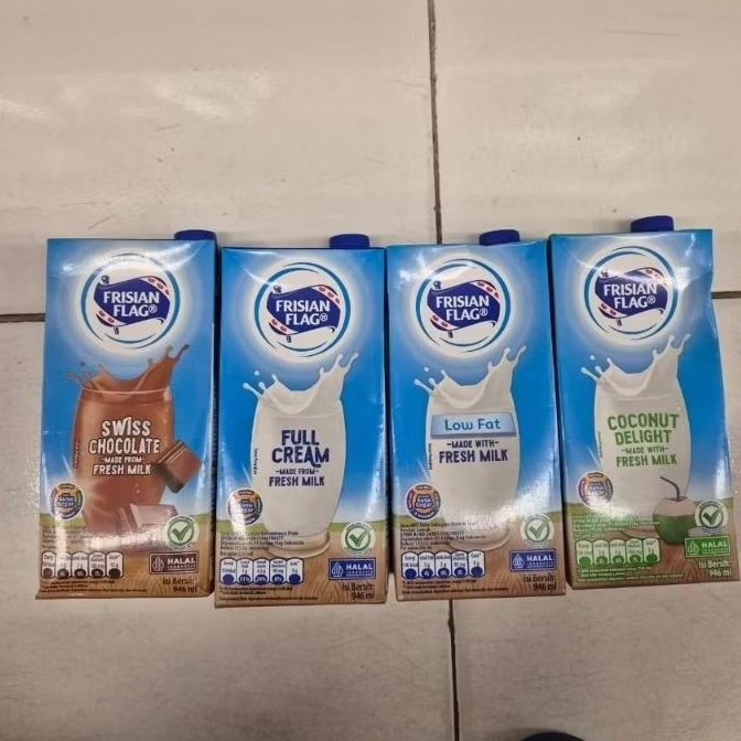 Frisian Flag susu UHT 946ml made with fresh milk rasa SWISS COKLAT / FULL CREAM / COCONUT DELIGHT / 