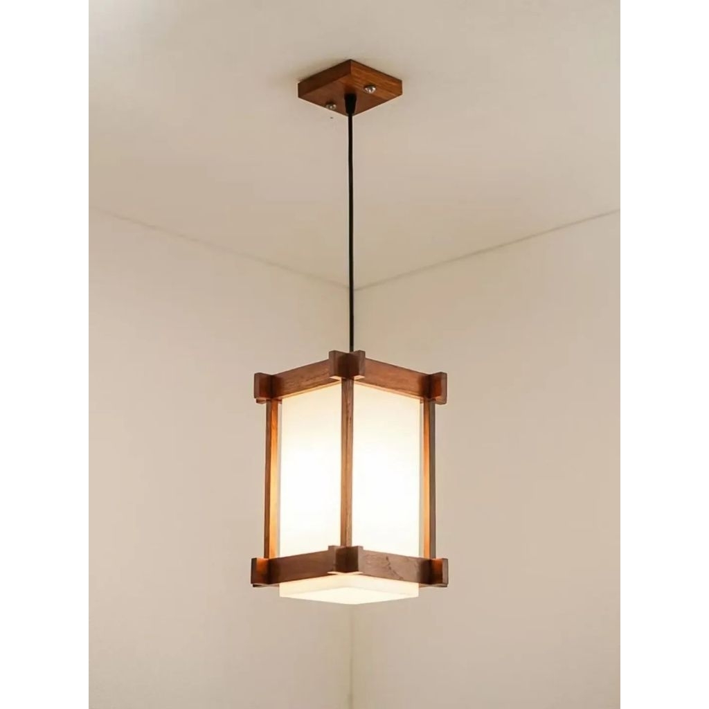 Kap lampu gantung model jepang minimalis kayu tutup akrilik bonus kabel dan fitting