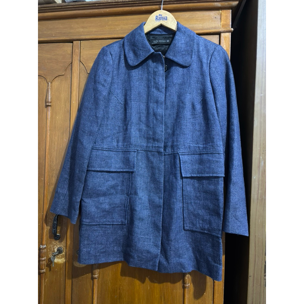 ZARA WOMAN Women's Blue Coat Long Sleeve Pockets Collar Size Medium