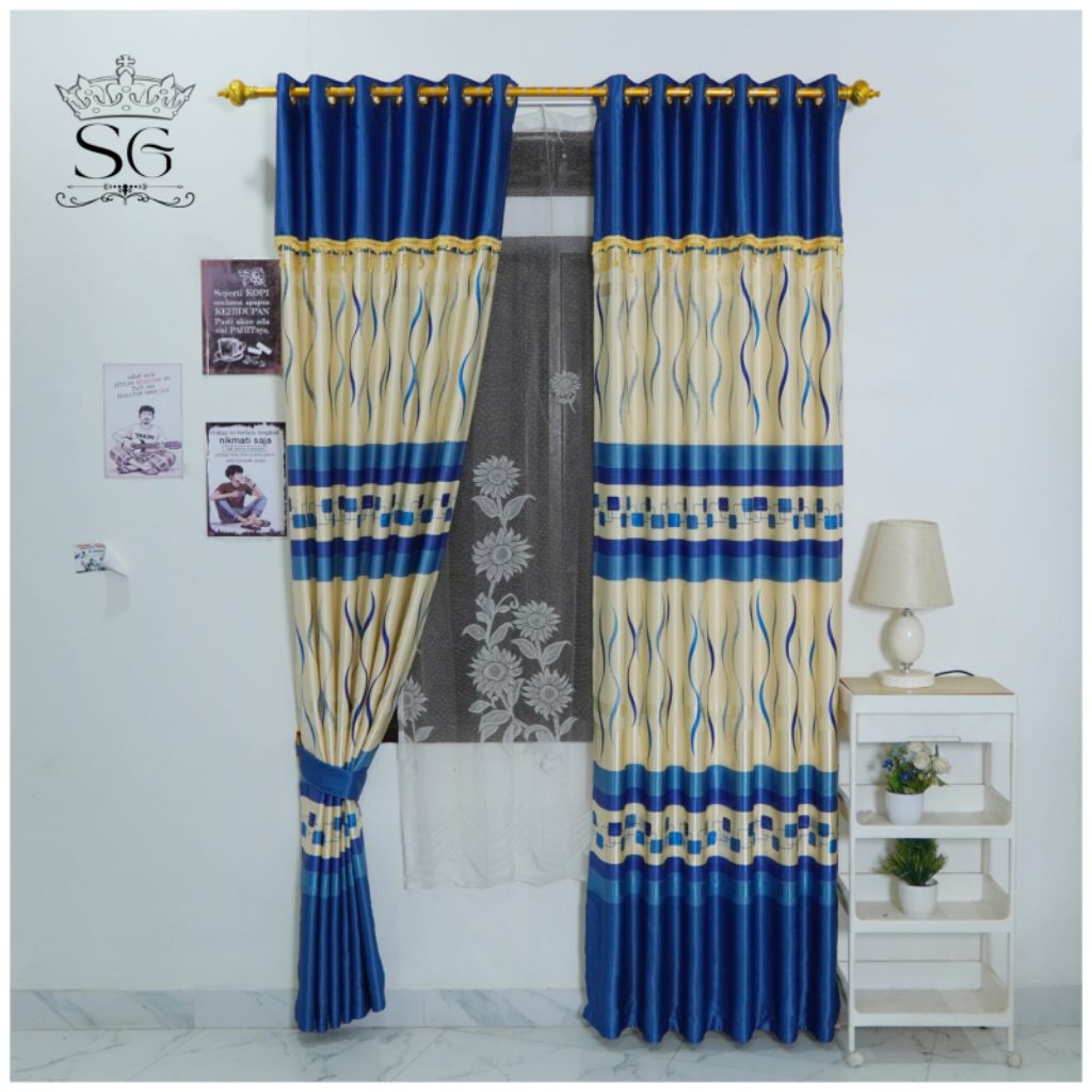 Gorden jendela dan gorden pintu minimalis model poni tempel mewah motif bunga batik terbaru biru abu