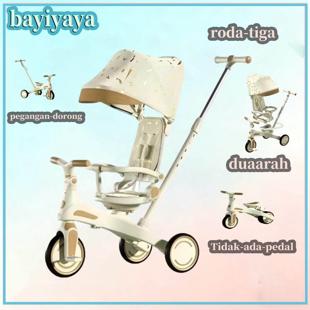 Stroller Sepeda 4 in 1 untuk Bayi, Sepeda Lipat untuk Anak, Sepeda Dorong, Sepeda Roda Tiga Lipat