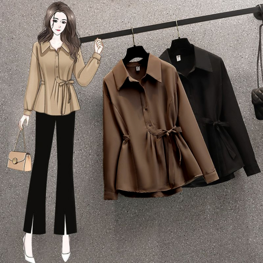 Kemeja Blouse Wanita Lengan Panjang Korean Style Atasan Wanita Premium Warna Coklat Hitam Tali Sampi
