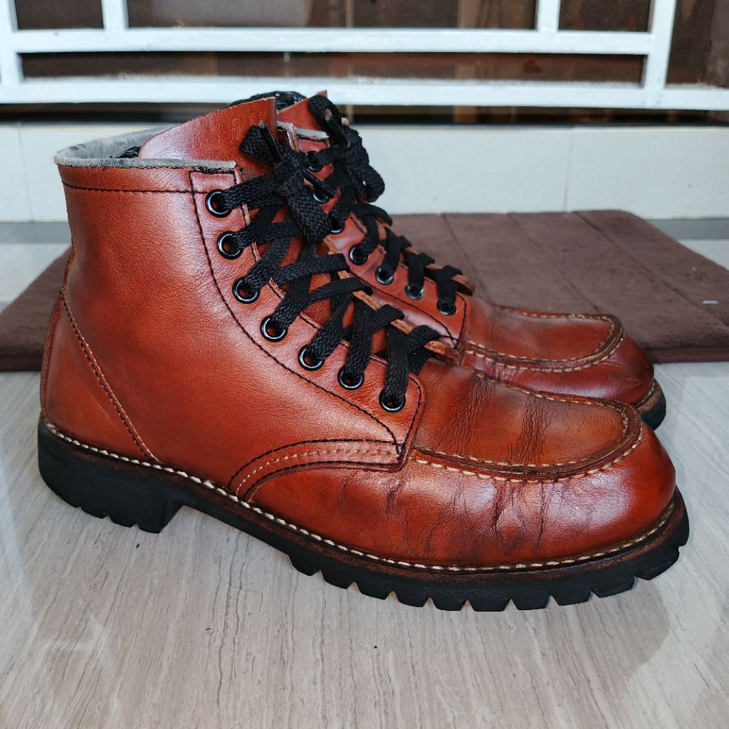 HAWKINS Vintage Moctoe moc toe Mid Work Boots Motor Biker Brown Leather Authentic Original Size 41 I