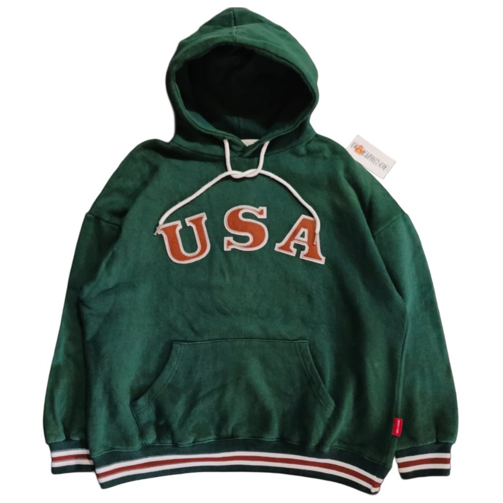 Hoodie USA bordir patch timbul tulisan spellout hijau botol tebal boxy besar L-XL