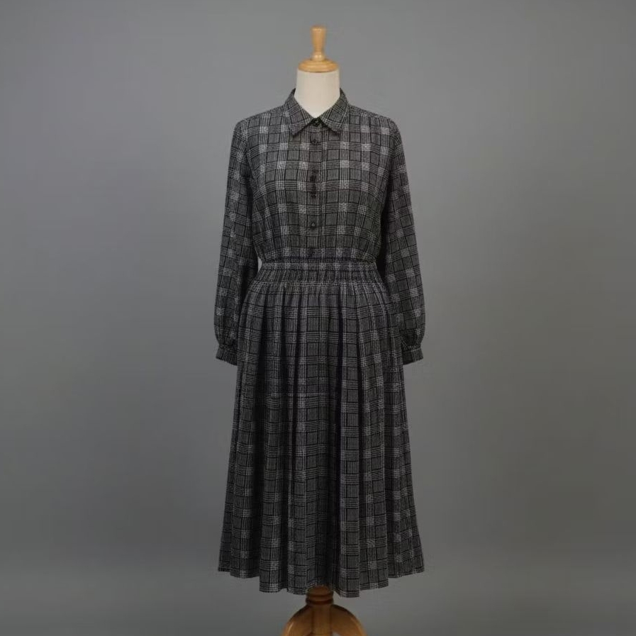 Dress Long Tunic Motif Kotak-Kotak Hitam