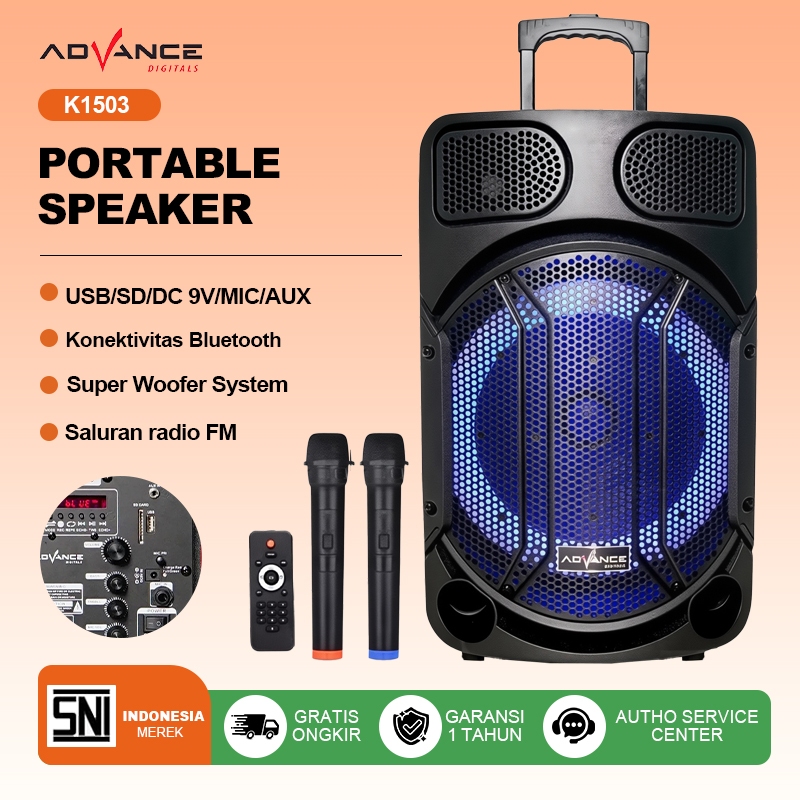 Advance K1503 Speaker Meeting Bluetooth Salon Aktif 15" Gratis 2 Mic Karoke Batrei Besar RGB Light