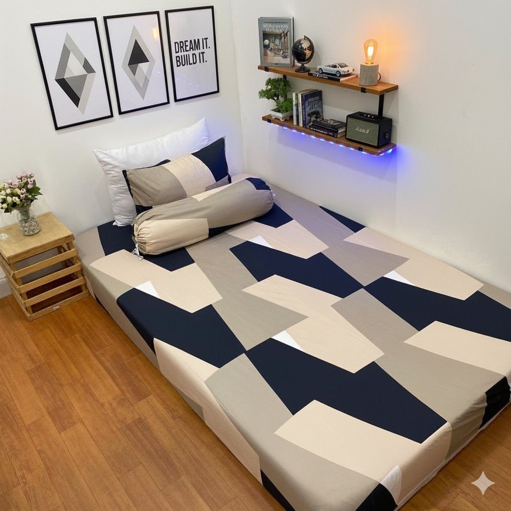SPREI MOTIF KOTAK AESTETIC UKURAN 120 160 DAN 180/SPREI SATU SET UKURAN /SPREI KOTAK HITAM/SPREI KIN