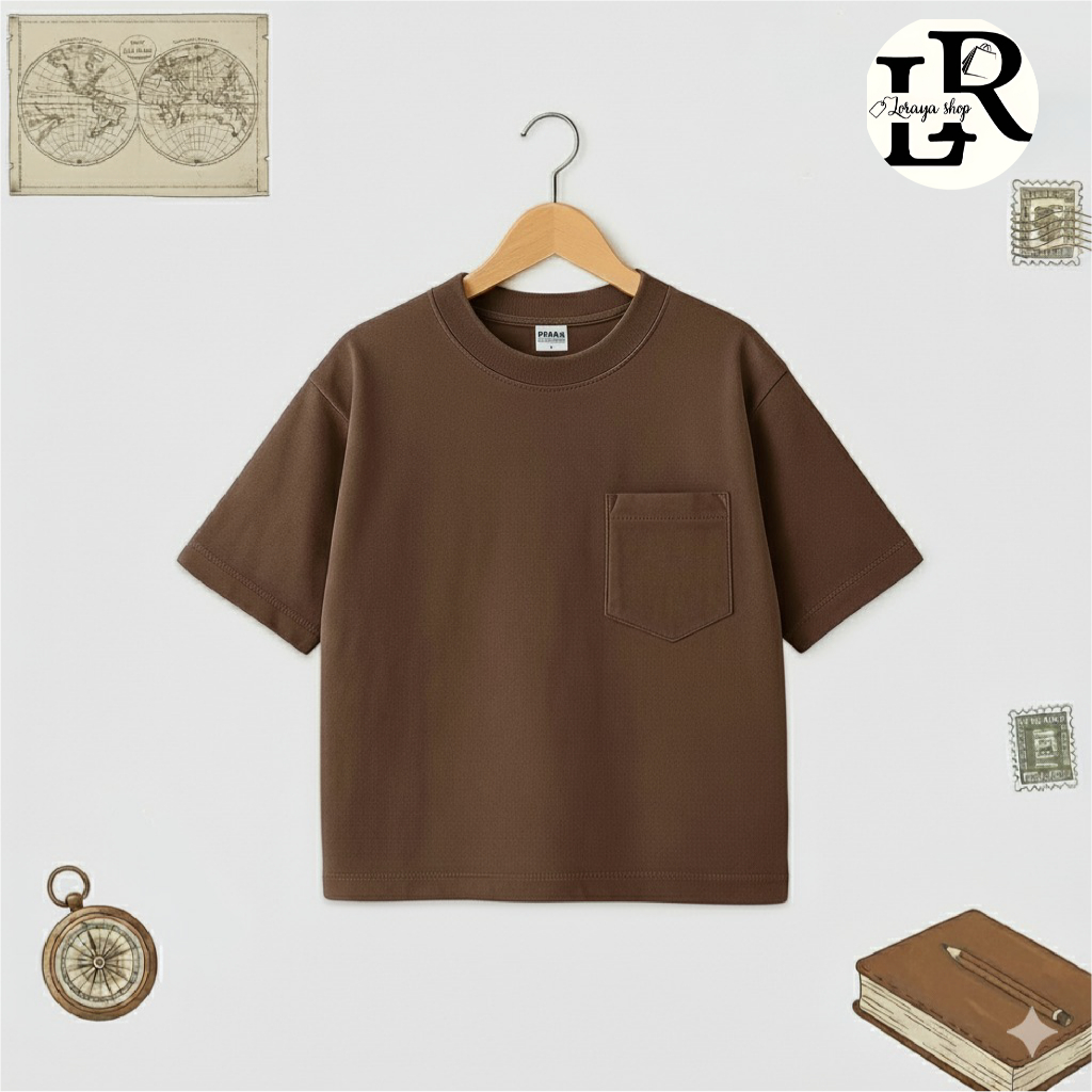 Lorayashop Kaos POCKET Anak Oversize Coklat | Baju Pocket Anak Unisex Coklat Kaos Polos Anak 24s