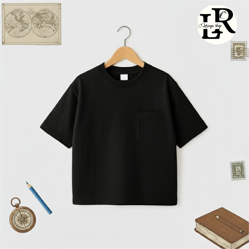 Lorayashop Kaos POCKET Anak Oversize Hitam | Baju Pocket Anak Unisex Hitam Kaos Polos Anak 24s