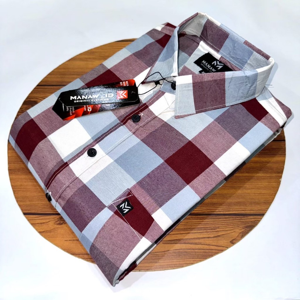 kemeja pria lengan pendek dewasa premium hem katun motif kotak pria