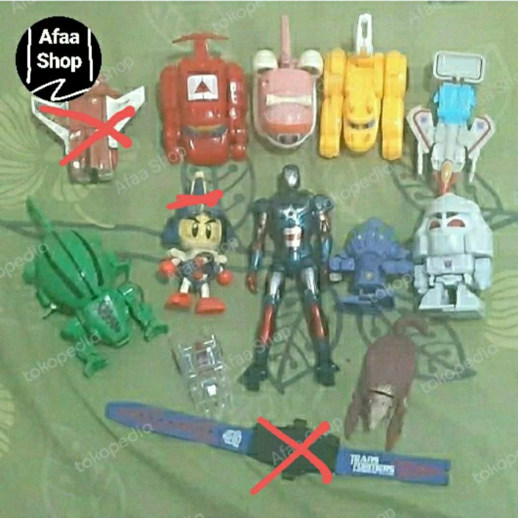 Mainan campur figure, jam, hokben, robot transformers pesawat, iron man, gogodino dinosaurus mobil c