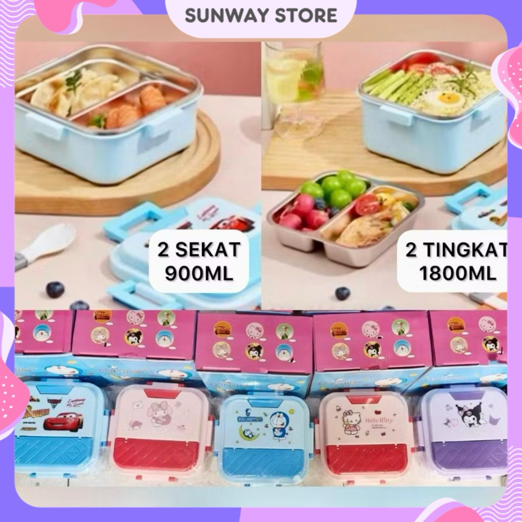 Kotak Makan Anak Karakter Anti Tumpah 2 Sekat / Kotak Makan Karakter Stainless Steel Lunch Box 2 Sek
