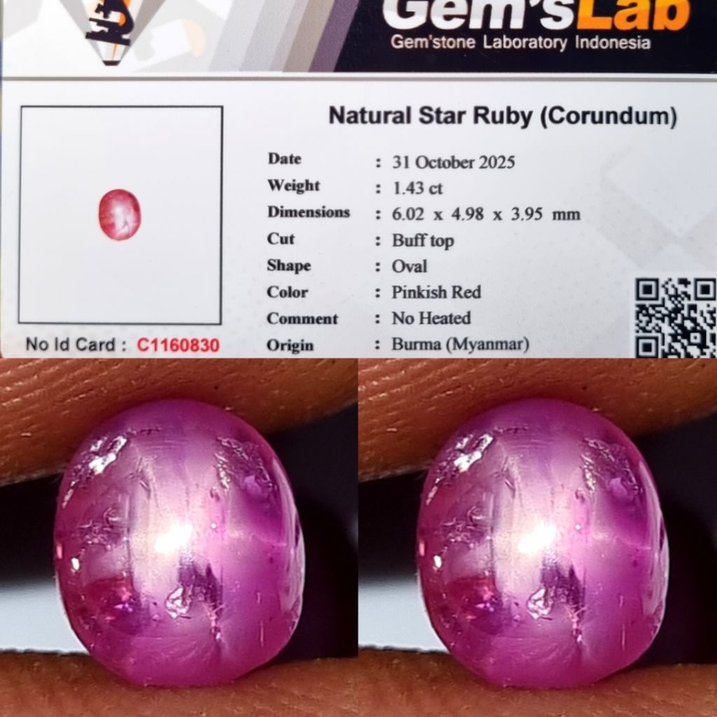 Hot item Natural Star Ruby 1.43 Crt No Heated Burma Myanmar