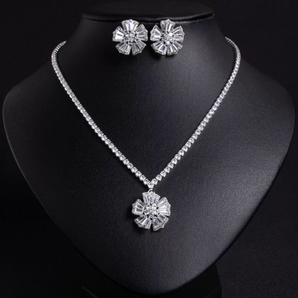 Daisy set perhiasan zircon premium kalung anting bridal
