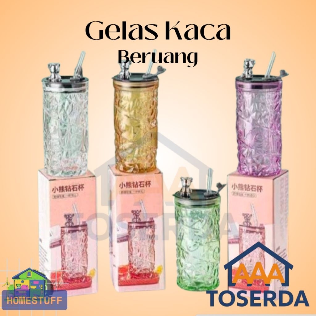 AAA Toserda | Tumbler Kaca Beruang 350 ml – Gelas Kaca Bear Aesthetic + Sedotan – Souvenir Unik untu