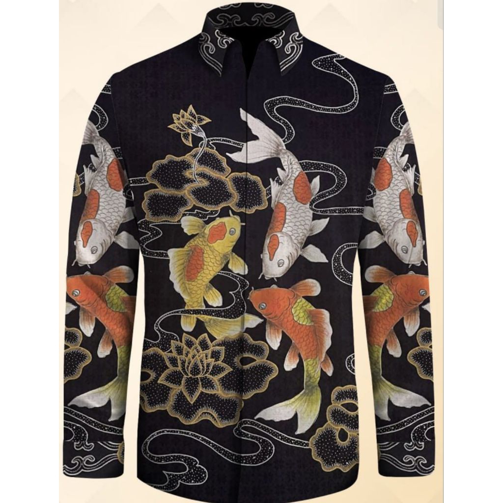 kain batik tulis pria bahan sutera lukis 3 dimensi motif ikan koi dan ikan arwana. am