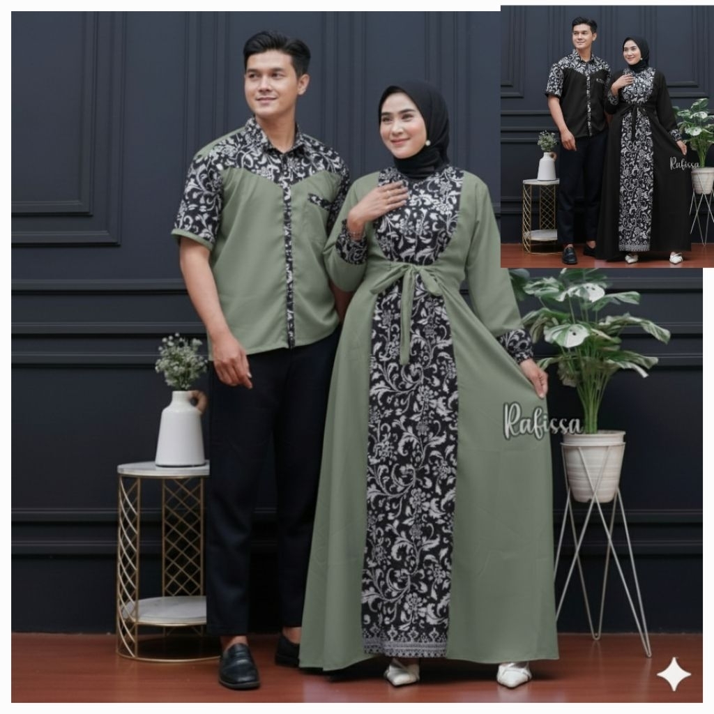 [jual satuan ya] couple keluarga syari set couple gamis syari motif bakung besar warna sage green da