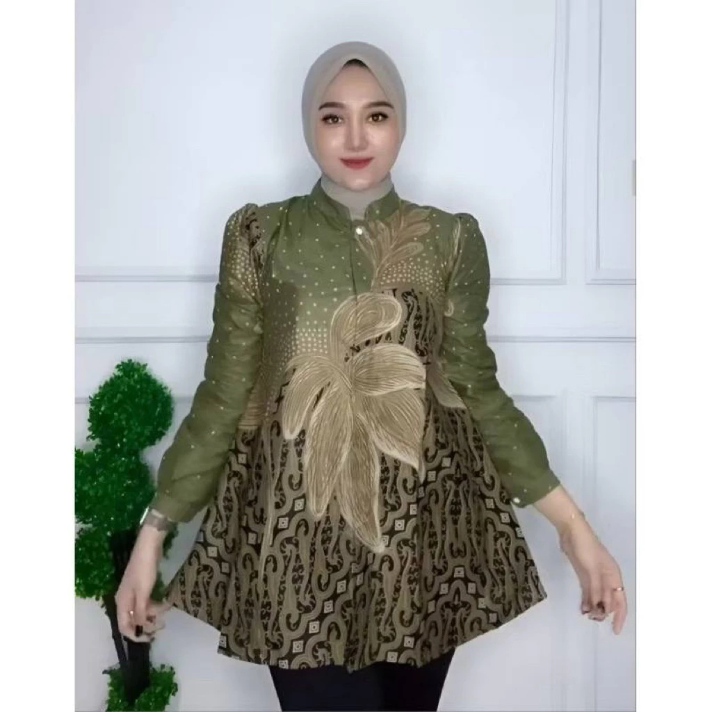 Maharani Atasan Batik Wanita Blus Batik Puffy Shoulders Model Peplum Payung Blus Maharani Baju Batik