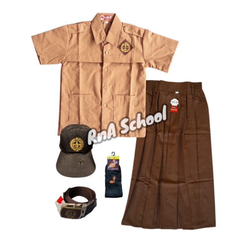 Seragam Pramuka SD Putri Satu Set Baju Pramuka Lengan Pendek Rok Coklat Panjang untuk Anak 6-13 Tahu