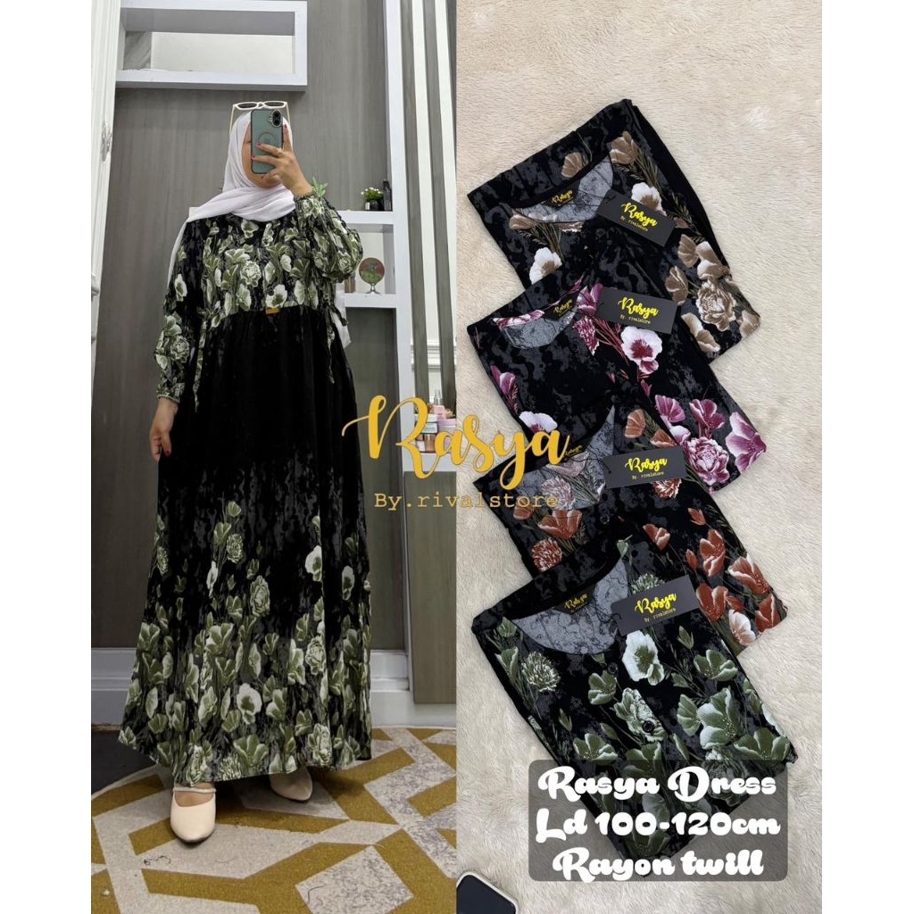 MIDI DRESS RAYON PREMIUM MOTIF BUNGA DASAR HITAM BY RASYA