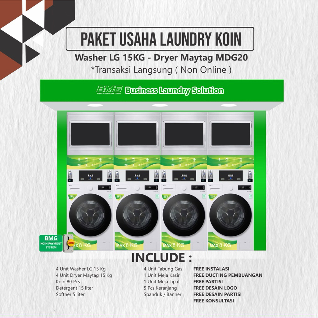 Paket Usaha Laundry Koin 4 Stack/Pasang LG 15 Kg Maytag Mdg20