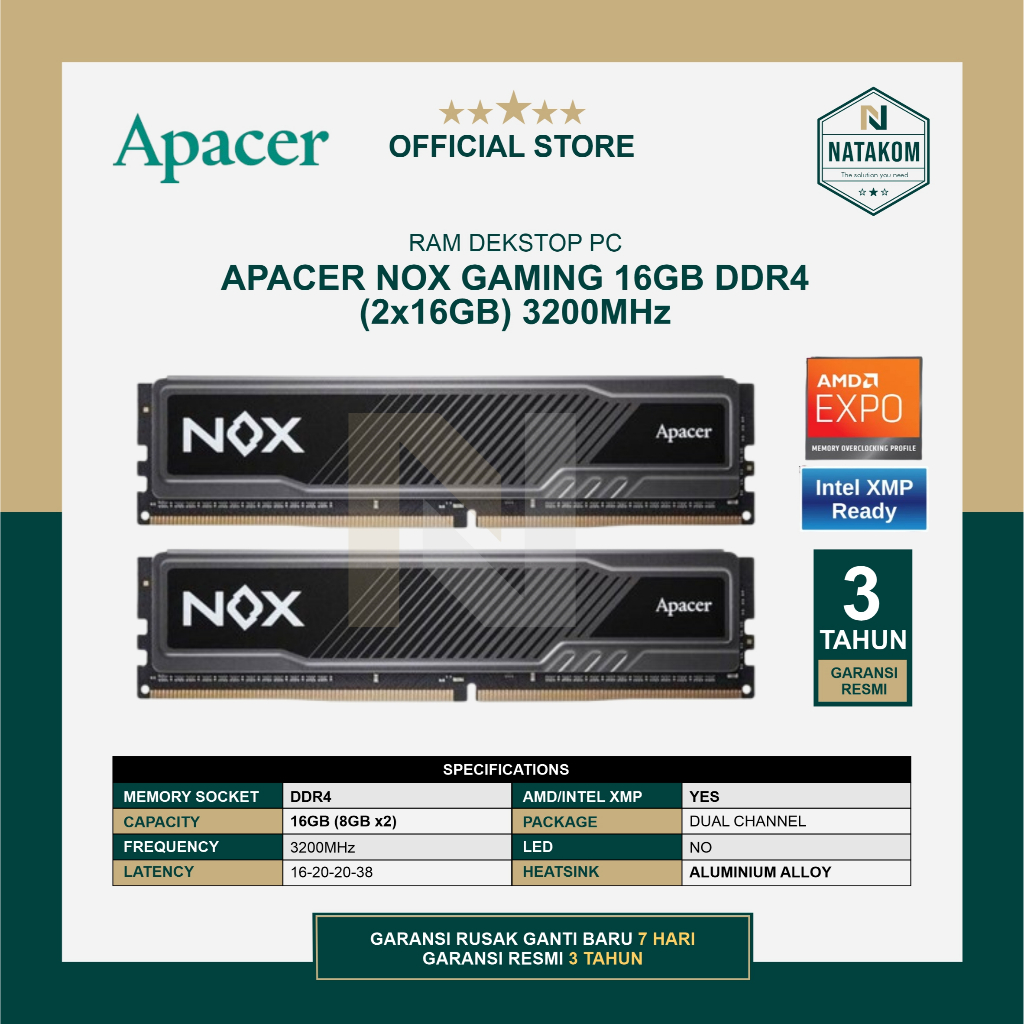 RAM APACER NOX 16GB (2x 8GB) DDR4 3200MHz AMD / INTEL XMP READY