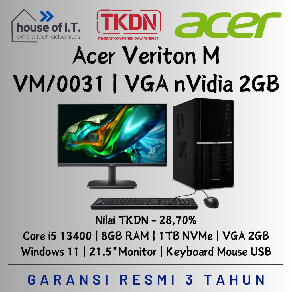 PC TKDN Acer Veriton M VM/0031 i5 13400 VGA 2GB 8GB 1TB SSD W11 21.5"FHD - PC ACER TKDN i5 VGA