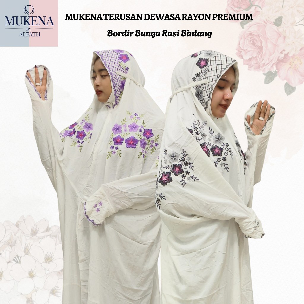 Mukena Bahan Rayon Kain Dasar Warna Putih BW Dewasa Terusan Motif Bordir Bunga Rasi Bintang Indah