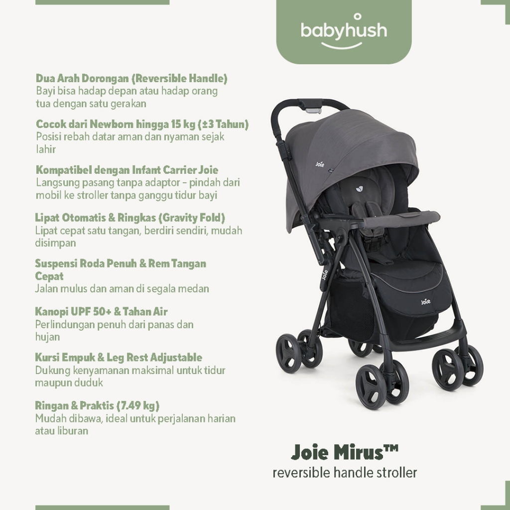 Joie Mirus – Reversible Handle Stroller, Stroller Bayi Dua Arah, Ringan, & Lipat Otomatis