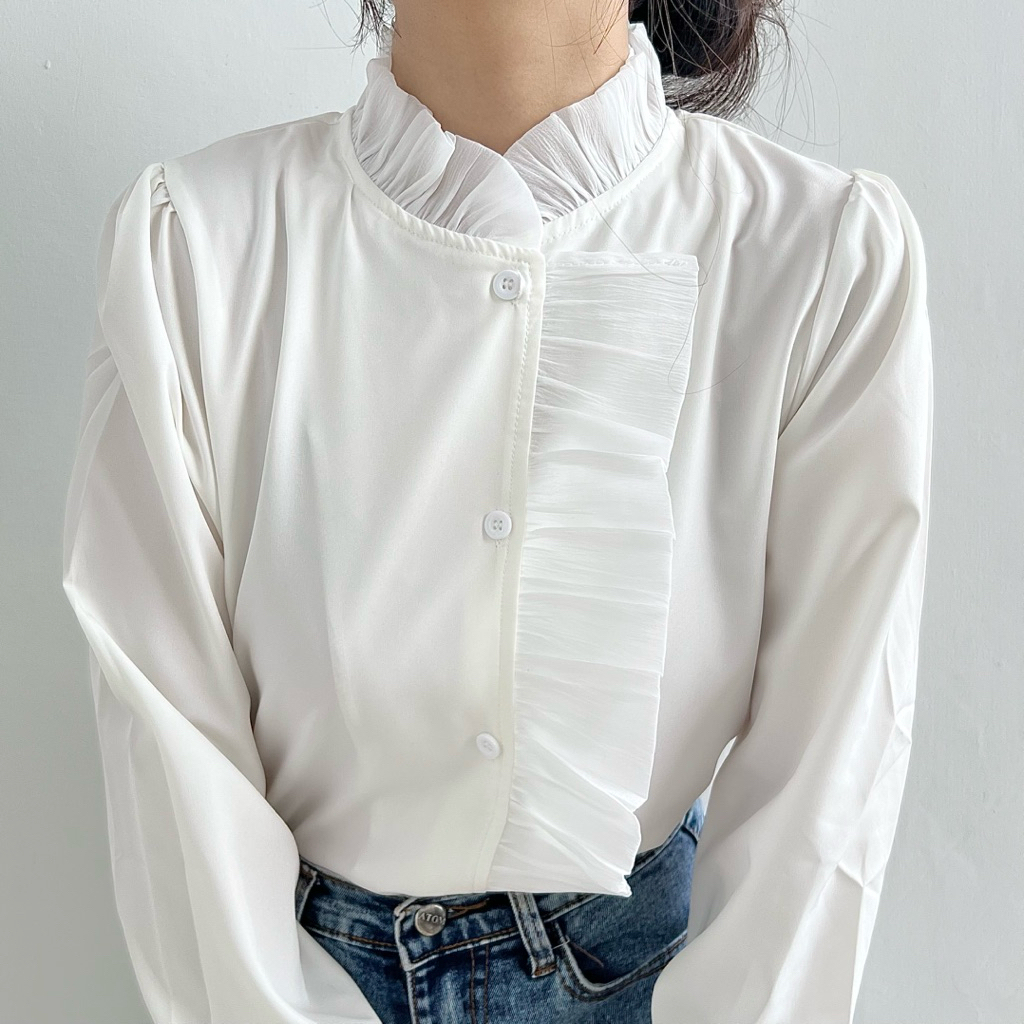 [CLOUDEE] Lenne Blouse - White Shirt Longsleeve | Atasan Kemeja Putih Wanita | Blus putih Vintage