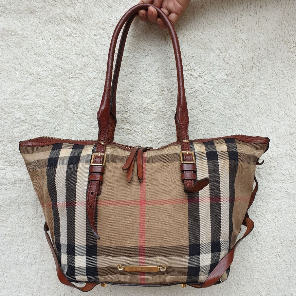 Tas Burberry Totebag Shoulder Bag Wanita Kanvas Mix Kulit Asli Coklat