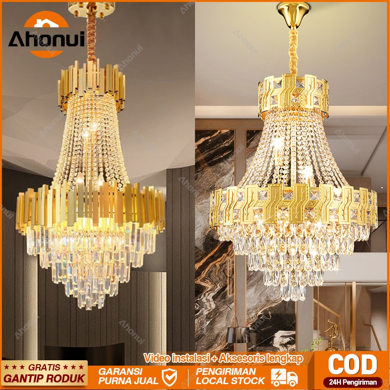 Lampu Gantung Kristal Double -Layer 40~80CM Bulat Estetik Besar Mewah Lapisan Ganda Model Peluru Lam