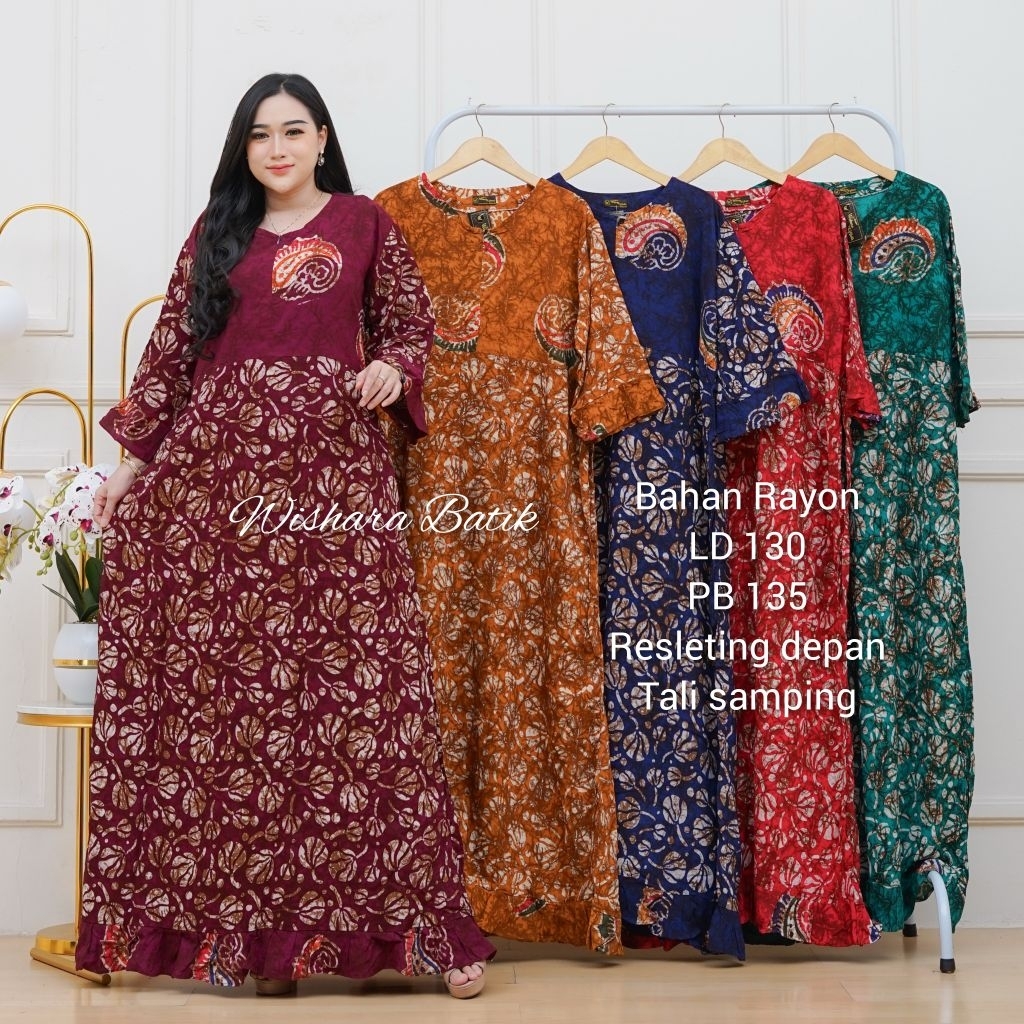 Wishara Batik - Longdress Jumbo Batik Cap Pekalongan Gamis Batik Bahan Rayon Busui Ld 130 Daster Jum