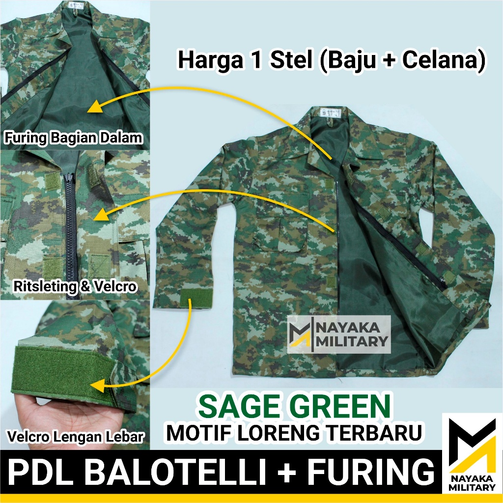 Nayaka Military Baju PDL Loreng Terbaru Balotelli Sage Green Seragam TNI Baloteli Motif Baru Hijau S