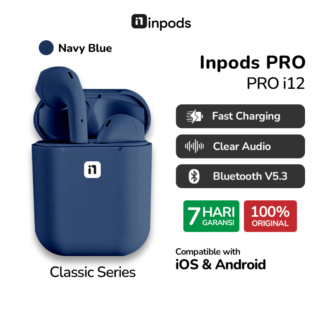 InPods Pro i12 Navy Blue TWS Headset Bluetooth Wireless Earphone Classic Series i12 Android iOS