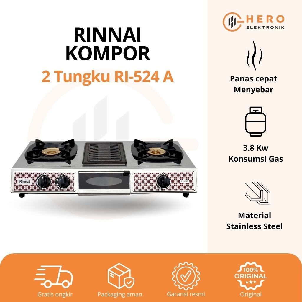 RINNAI 524 A Kompor Gas 2 Tungku dan Grill pemanggang RI 524A