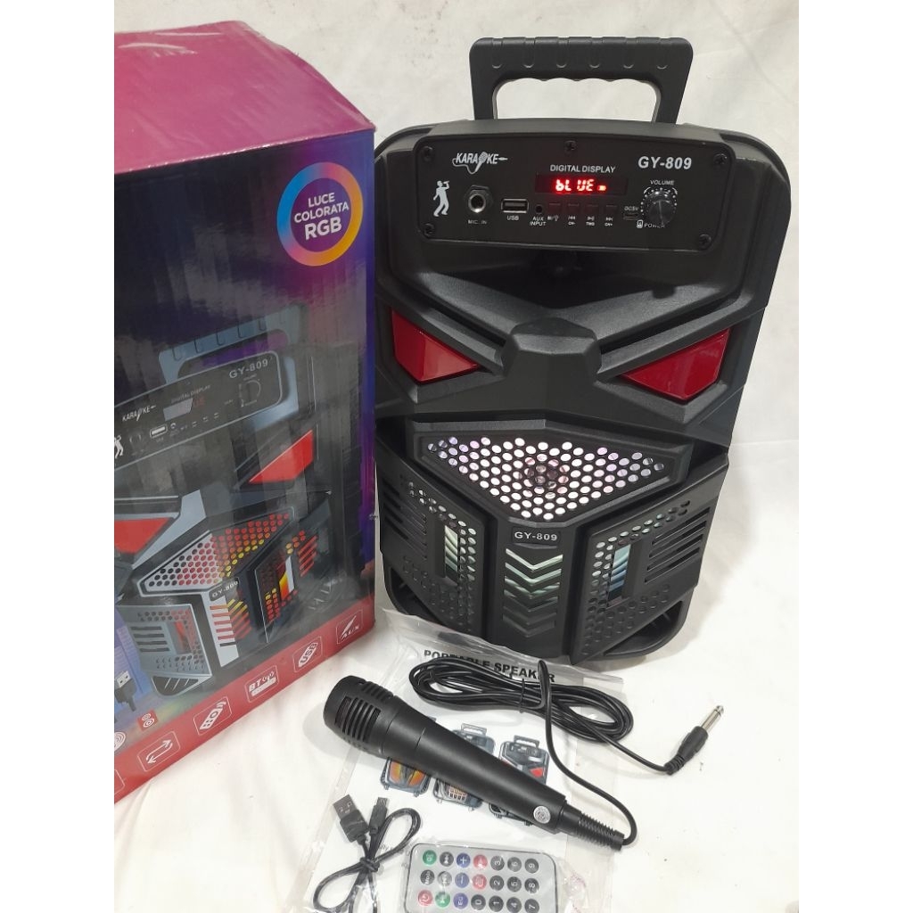 super bass gy 809speaker portabel bluetooth Bonus mic kabel tersambung Ukuran 8 inchi22 x 18 x 38 cm