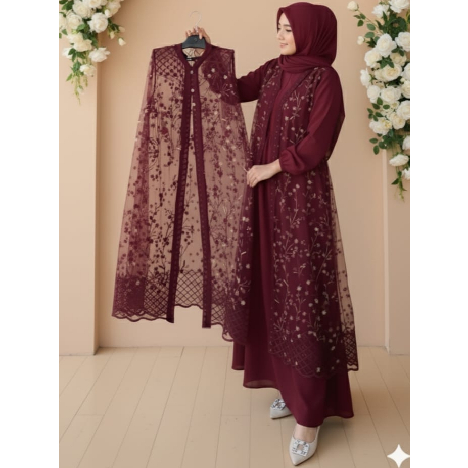 Gamis Putih brukat outters Gamis Brukat inners tali pinggang Dress muslimah Brukat bordir