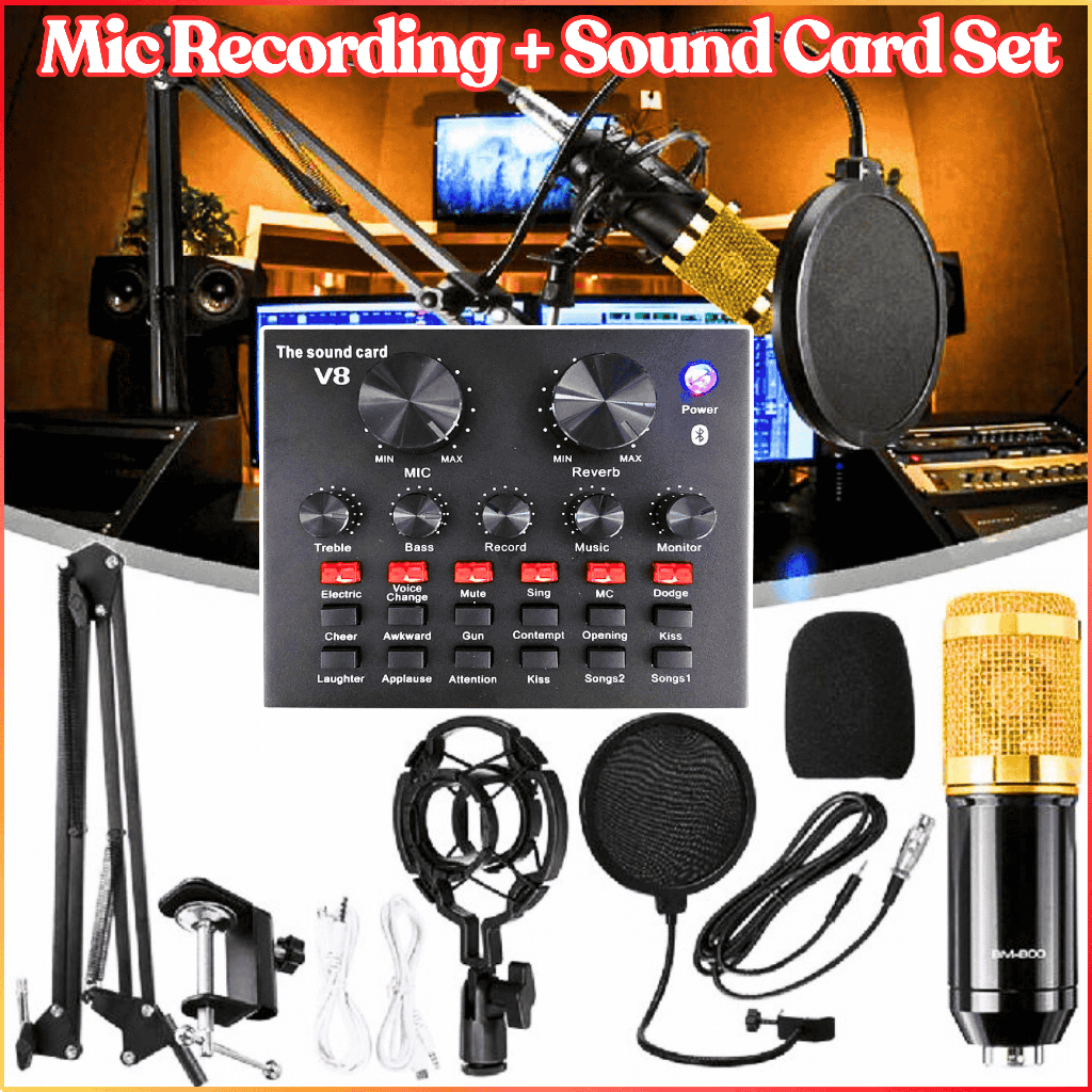 PAKET KOMPLIT Alat Live Streaming Set Lengkap Soundcard V8 + Mic Condenser BM800 + Stand + Splitter