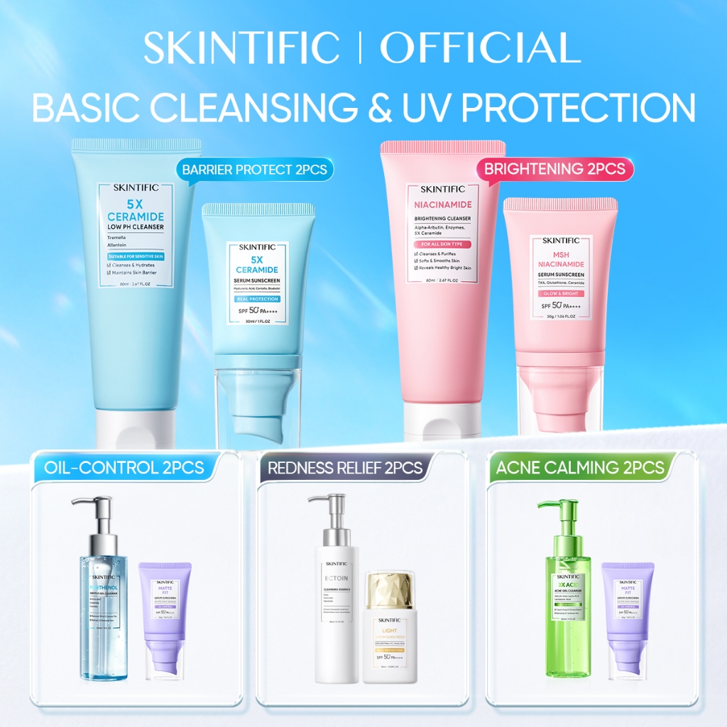 SKINTIFIC - 2pcs Basic Barrier Protection Bundle | Brightening Tone-up 5X Ceramide Serum Sunscreen S